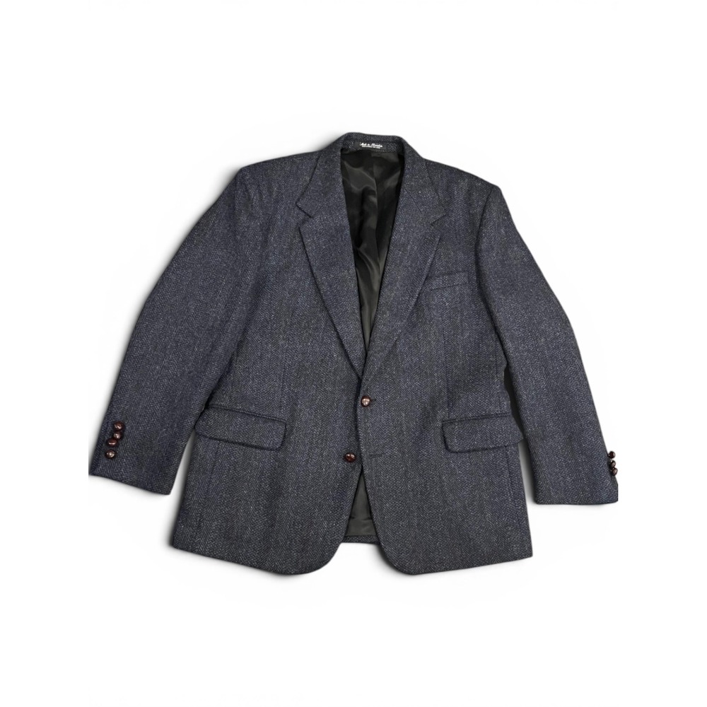 Vintage Robert Stock Mens 44R Wool Herringbone Blazer Grey Two Button Sport Coat